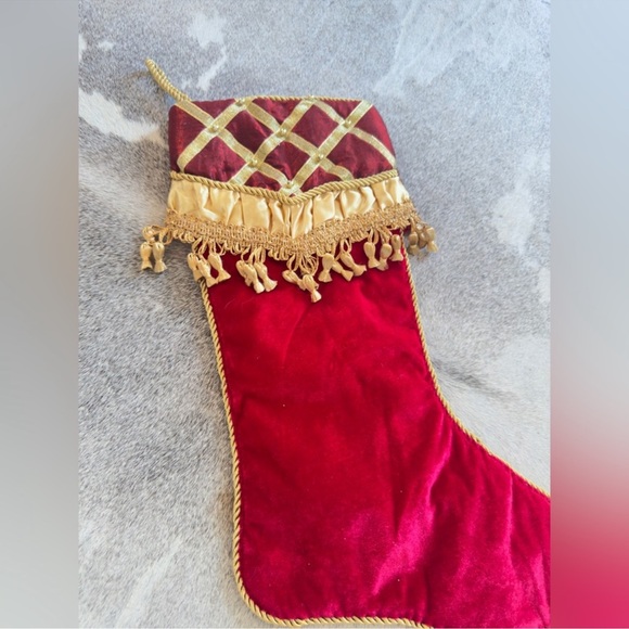 Burgundy Red Velvet & Gold Tassel Trim Christmas Stocking - Maximalist Decor - Picture 2 of 10